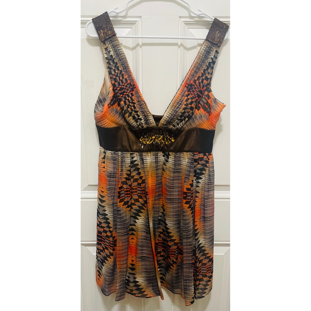 BCBGMAXAZRIA Dress Sheath Mini V-Neck‎ Embellished Party Cocktail Orange Size 12